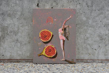 Load image into Gallery viewer, Woman standing in heart opener yoga pose facing a fig cut in half. An original painting by Western Australian artist Natasha Mott.
