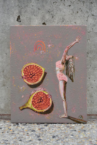 Woman standing in heart opener yoga pose facing a fig cut in half. An original painting by Western Australian artist Natasha Mott.