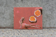 Load image into Gallery viewer, Woman in up dog heart opener yoga pose under a passion fruit cut in half. An original painting by West Australian artist Natasha Mott.
