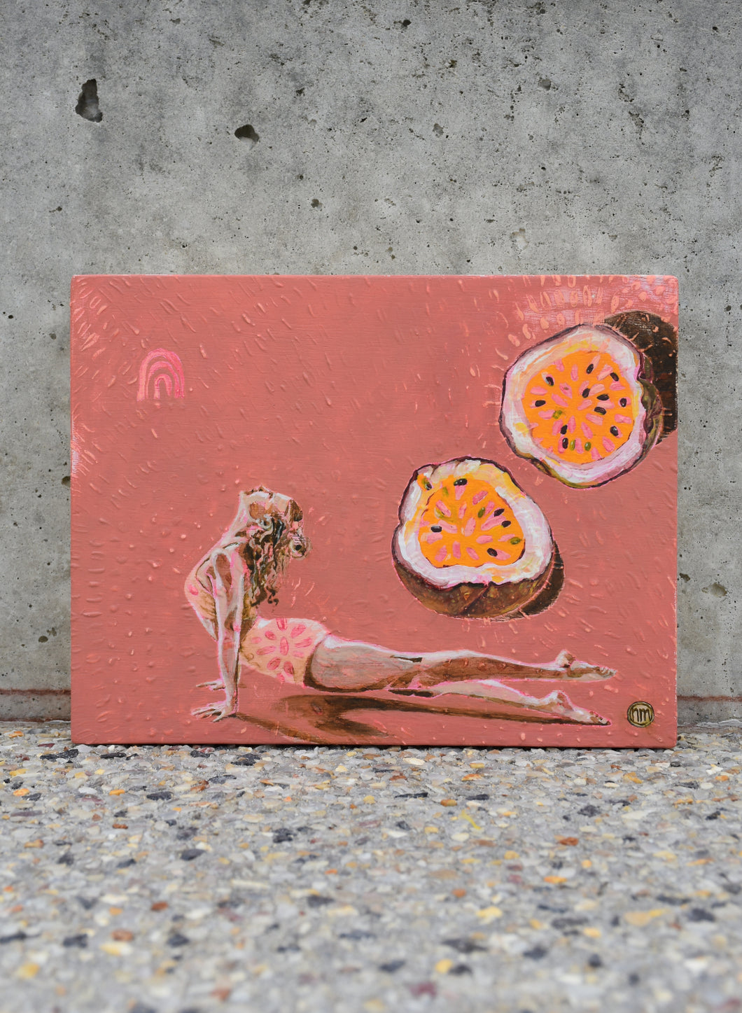 Woman in up dog heart opener yoga pose under a passion fruit cut in half. An original painting by West Australian artist Natasha Mott.