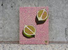 Load image into Gallery viewer, Two halves of a lime on a patterned background. An original painting by West Australian artist Natasha Mott.
