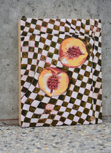Load image into Gallery viewer, Two halves of a peach on a green and white checked table cloth. An original painting by West Australian artist Natasha Mott.
