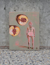 Load image into Gallery viewer, Woman standing in mountain pose alongside peach halves on a green background. An original painting by West Australian artist Natasha Mott.
