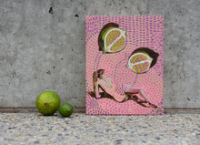 Load image into Gallery viewer, Woman laying on her side positioned under two halves of a lime. An original painting by West Australian artist Natasha Mott.
