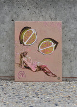 Load image into Gallery viewer, Woman in soft pink swim suit laying on her side below a cut lime. A neutral background with sgraffito to expose the magenta undercoat and textured pattern. An original painting by West Australian artist Natasha Mott. 
